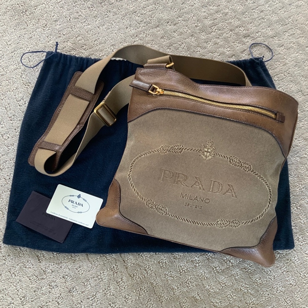 Prada Logo Jacquard Crossbody Bag. Tan with Brown Leather  and Brass Trim